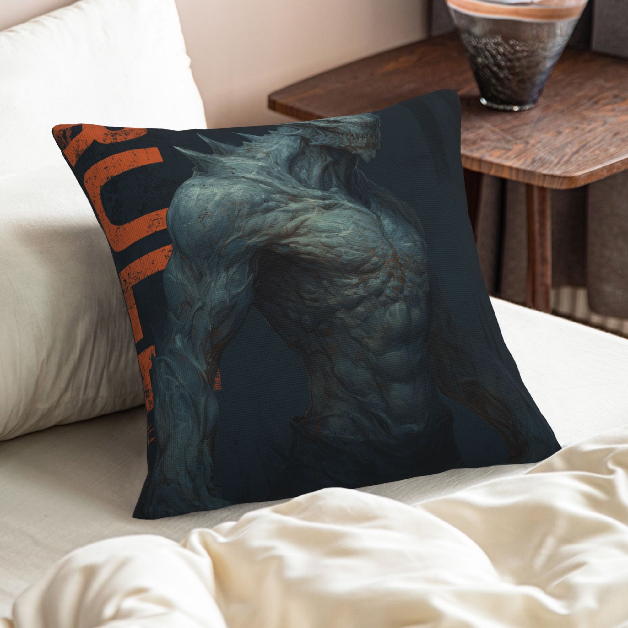 "Steel Beast" Creative Throw Pillow | Powerful Monster Illustration Design, Oversize