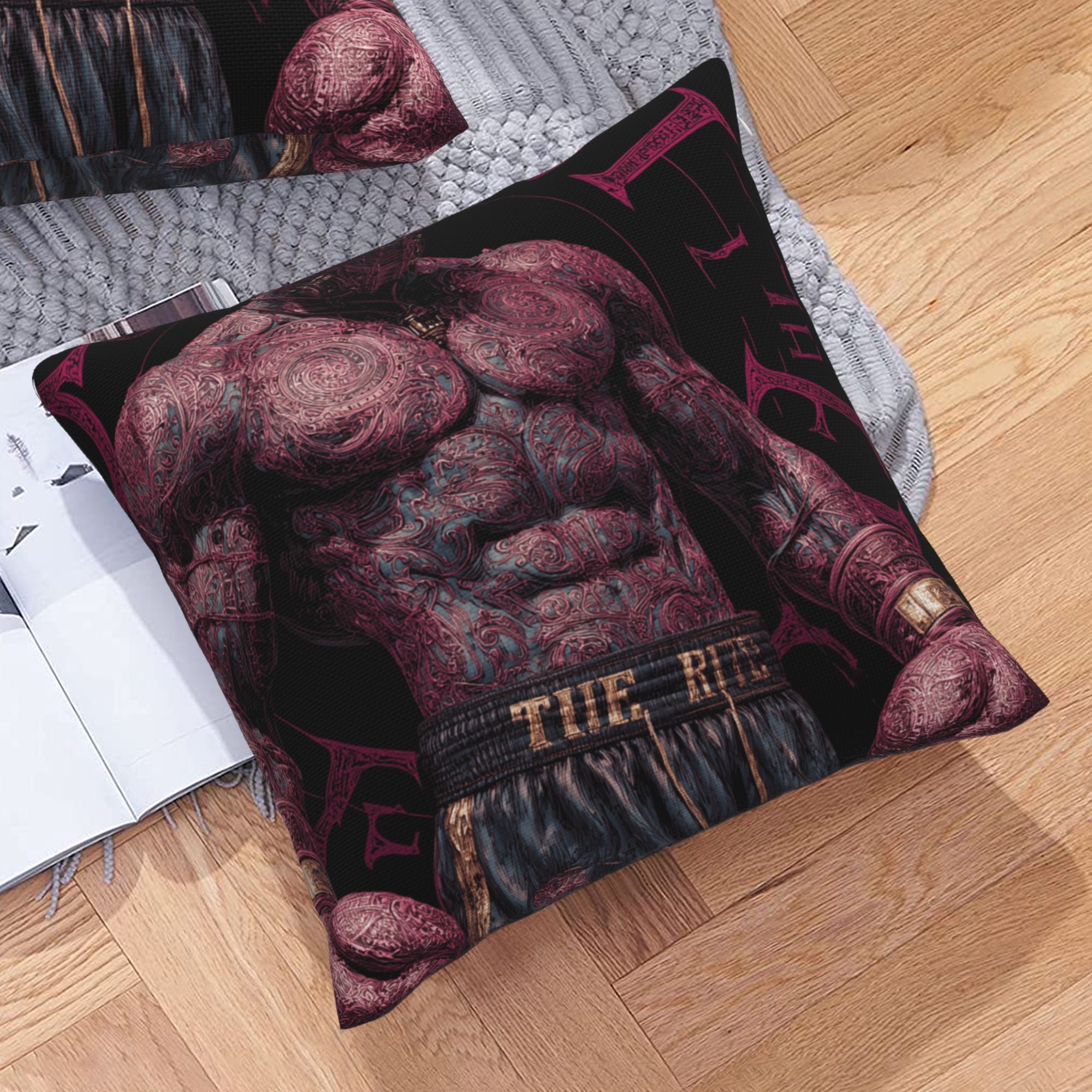 "Tattooed Champion" Creative Throw Pillow | Intricate Tattooed Muscle Illustration, Oversized