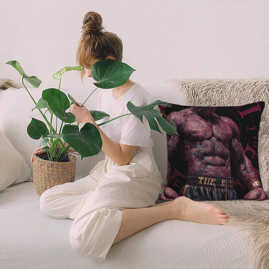 "Tattooed Champion" Creative Throw Pillow | Intricate Tattooed Muscle Illustration, Oversized