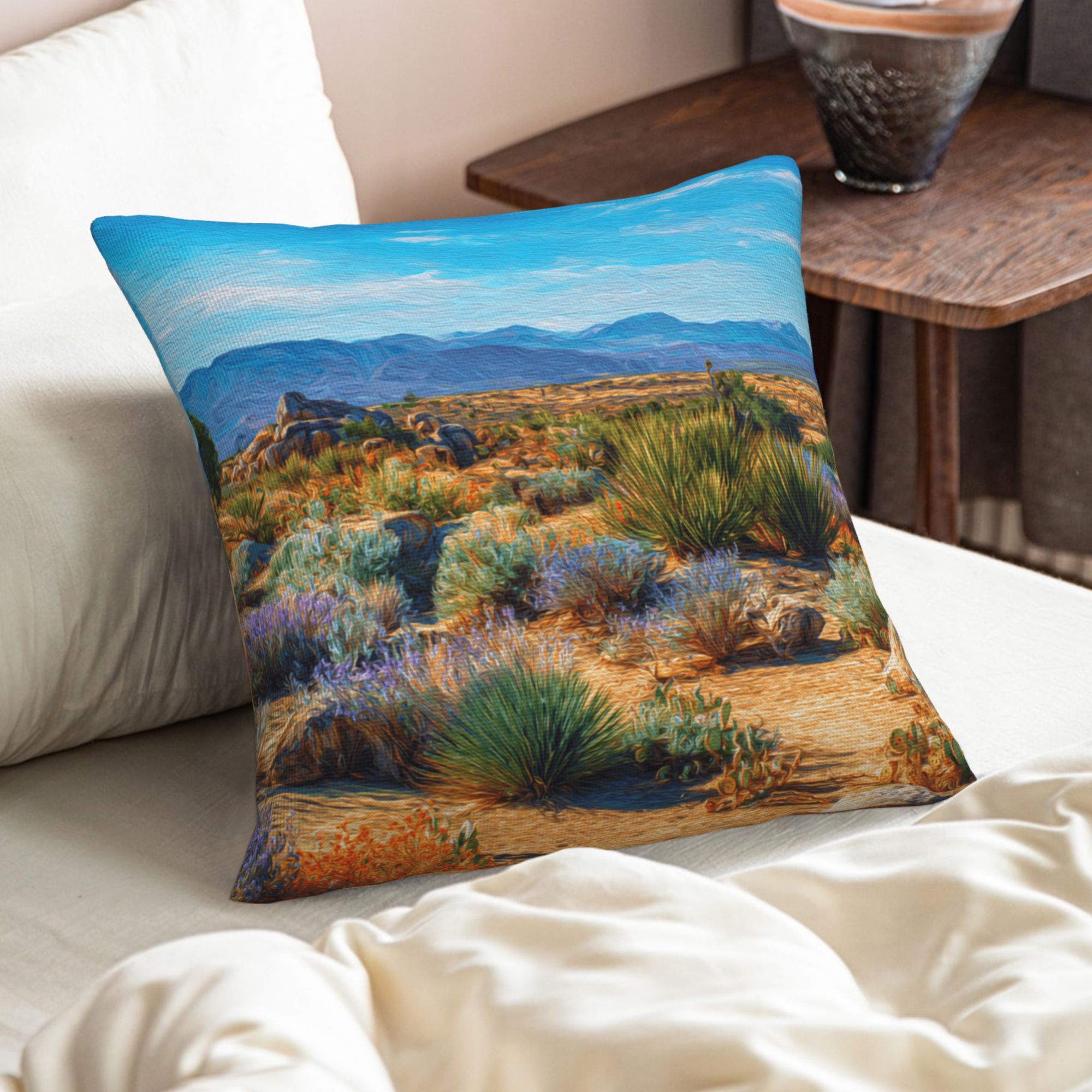 "Desert Landscape" Creative Throw Pillow | Delicate Natural Desert Illustration, Oversized