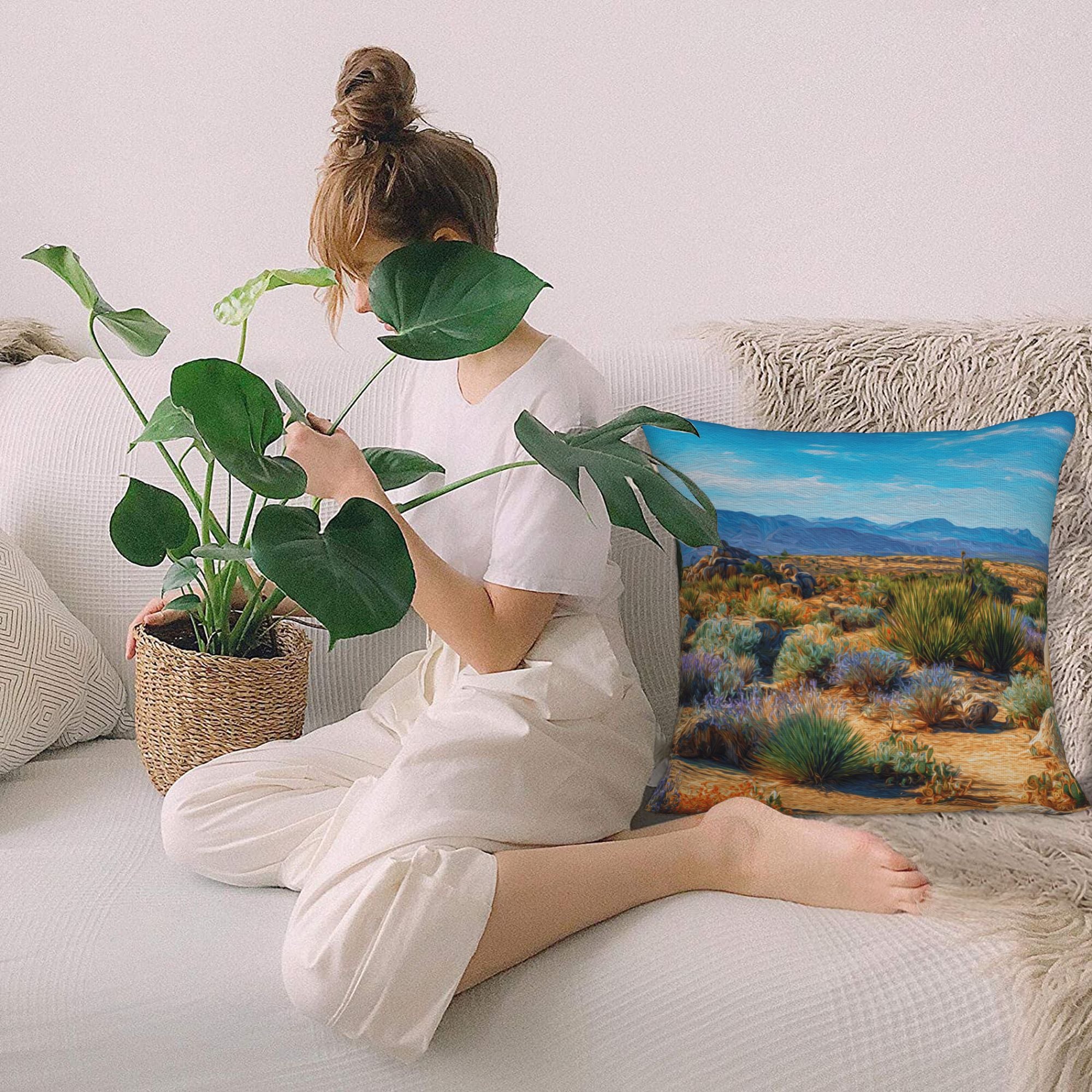 "Desert Landscape" Creative Throw Pillow | Delicate Natural Desert Illustration, Oversized