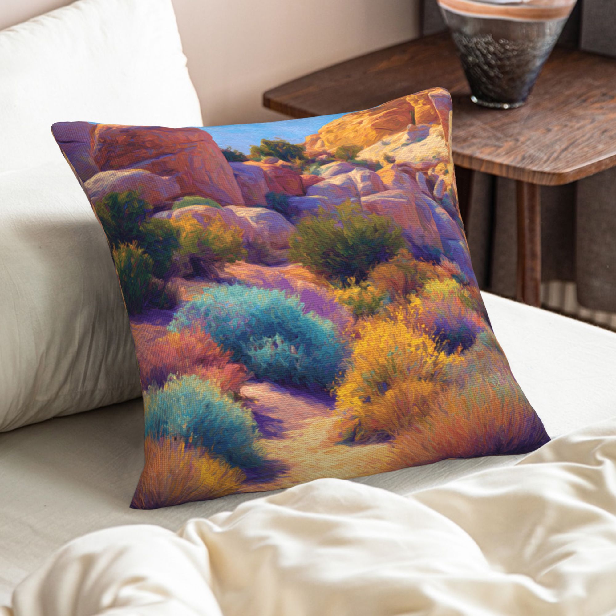 "Colorful Desert" Creative Throw Pillow | Vibrant Natural Desert Landscape Illustration, Oversized